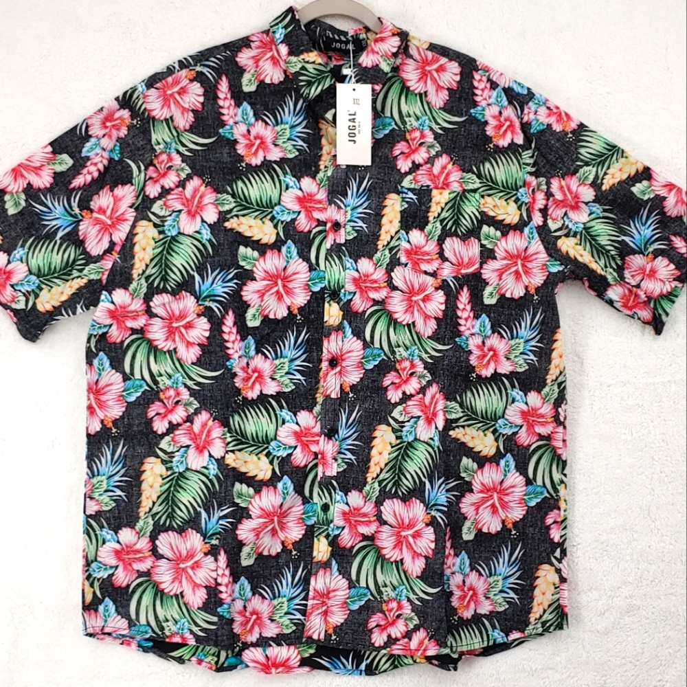JOGAL Men's Button Up Hawaiian Shirt, Black Hibiscus, Size XXL
